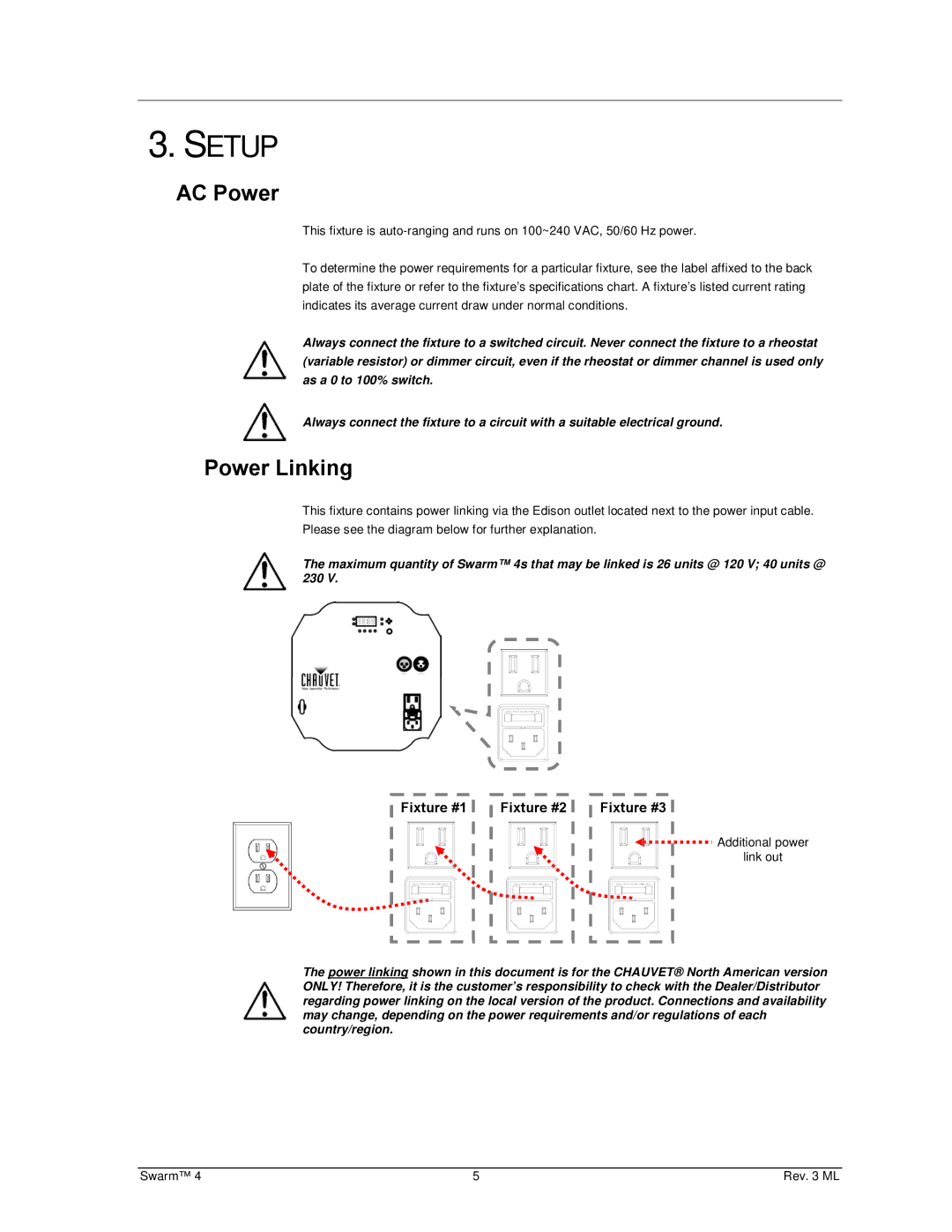 Chauvet 4 user manual Setup, AC Power, Power Linking 