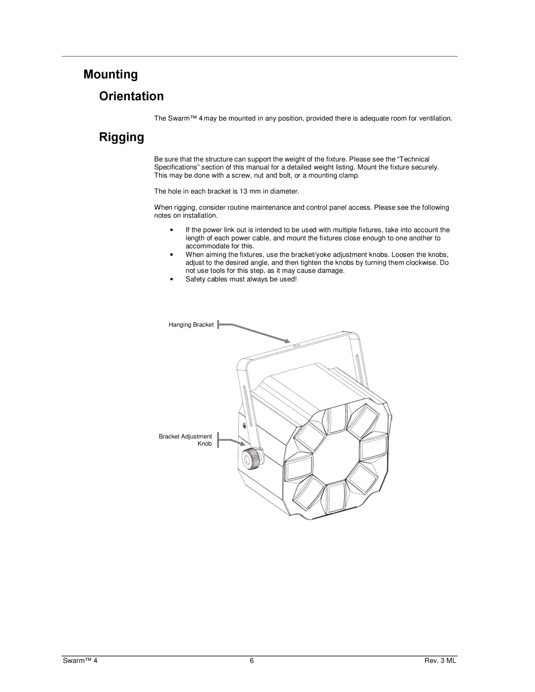 Chauvet 4 user manual Mounting Orientation, Rigging 