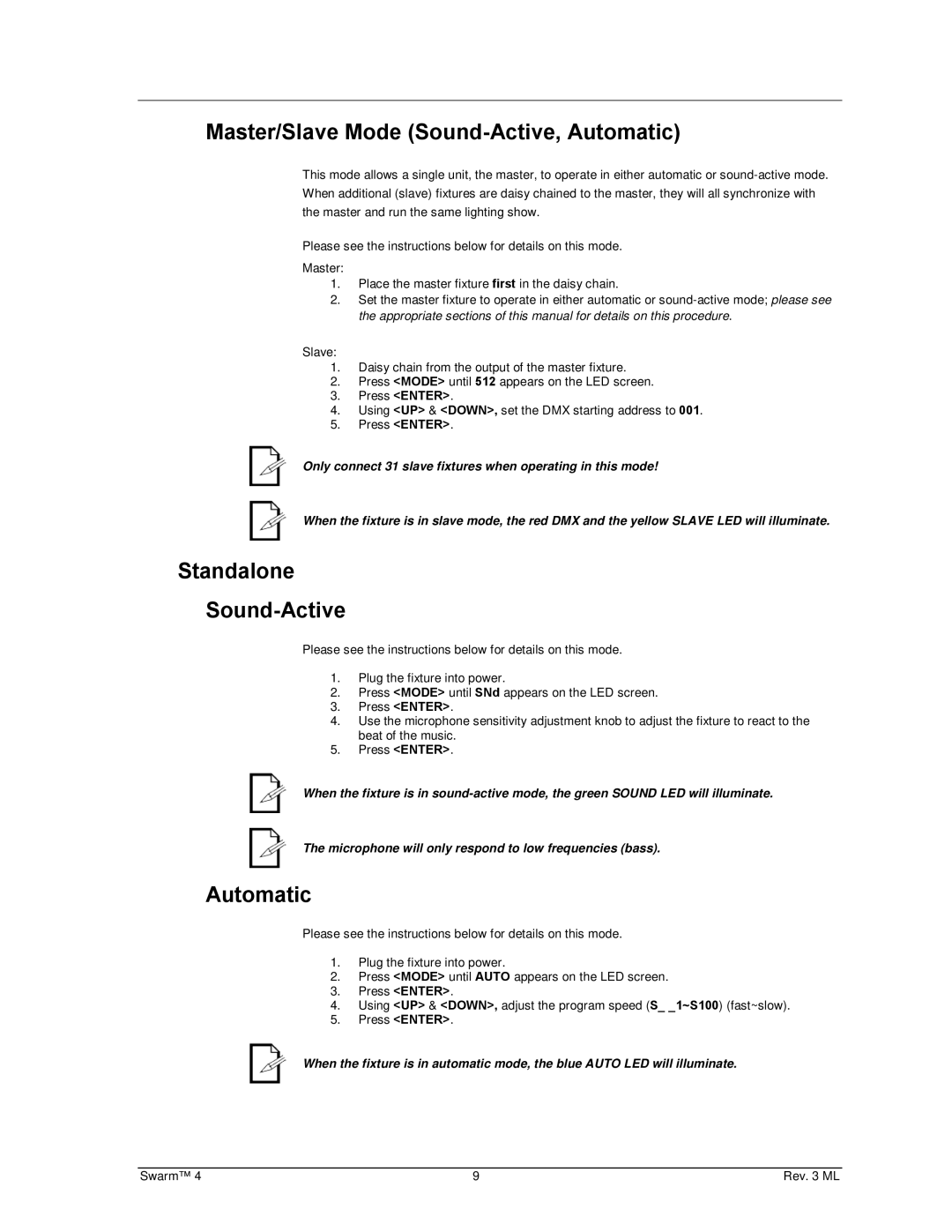 Chauvet 4 user manual Master/Slave Mode Sound-Active, Automatic, Standalone Sound-Active 