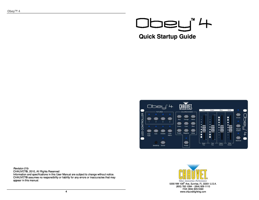 Chauvet quick start Quick Startup Guide, Obey, Revision 01b, CHAUVET, 2010, All Rights Reserved, 800 762-1084, Fax 