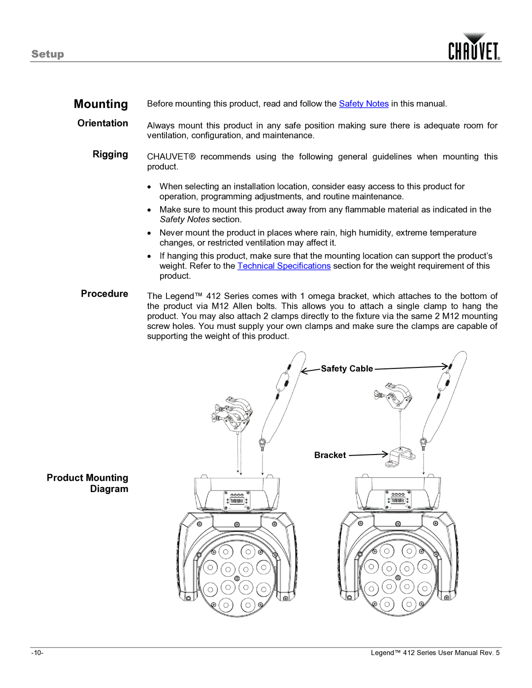 Chauvet 412VW user manual Orientation, Rigging Procedure Product Mounting Diagram, Safety Cable Bracket 