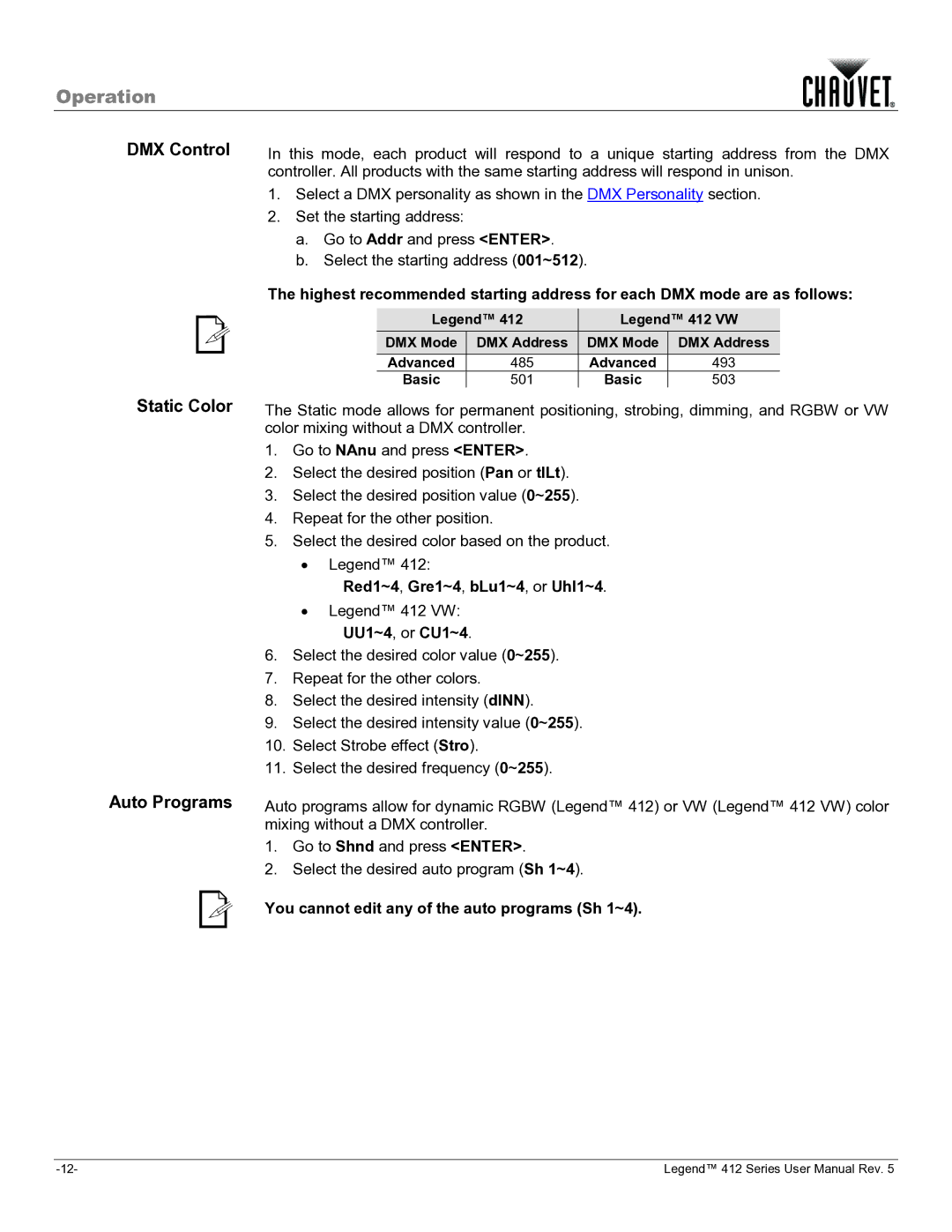 Chauvet 412VW user manual DMX Control Static Color Auto Programs, Red1~4, Gre1~4, bLu1~4, or UhI1~4 
