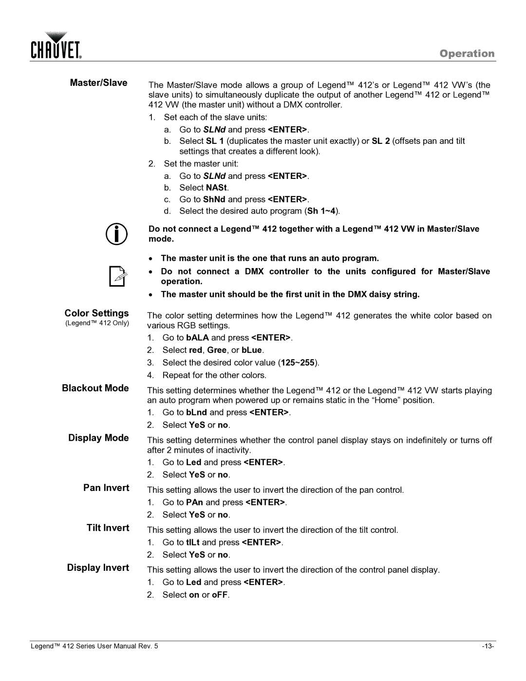 Chauvet 412VW user manual Operation 