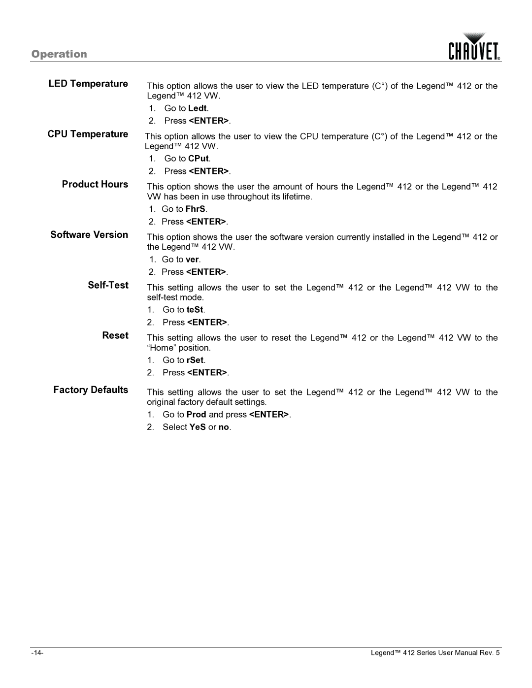 Chauvet 412VW user manual Operation 