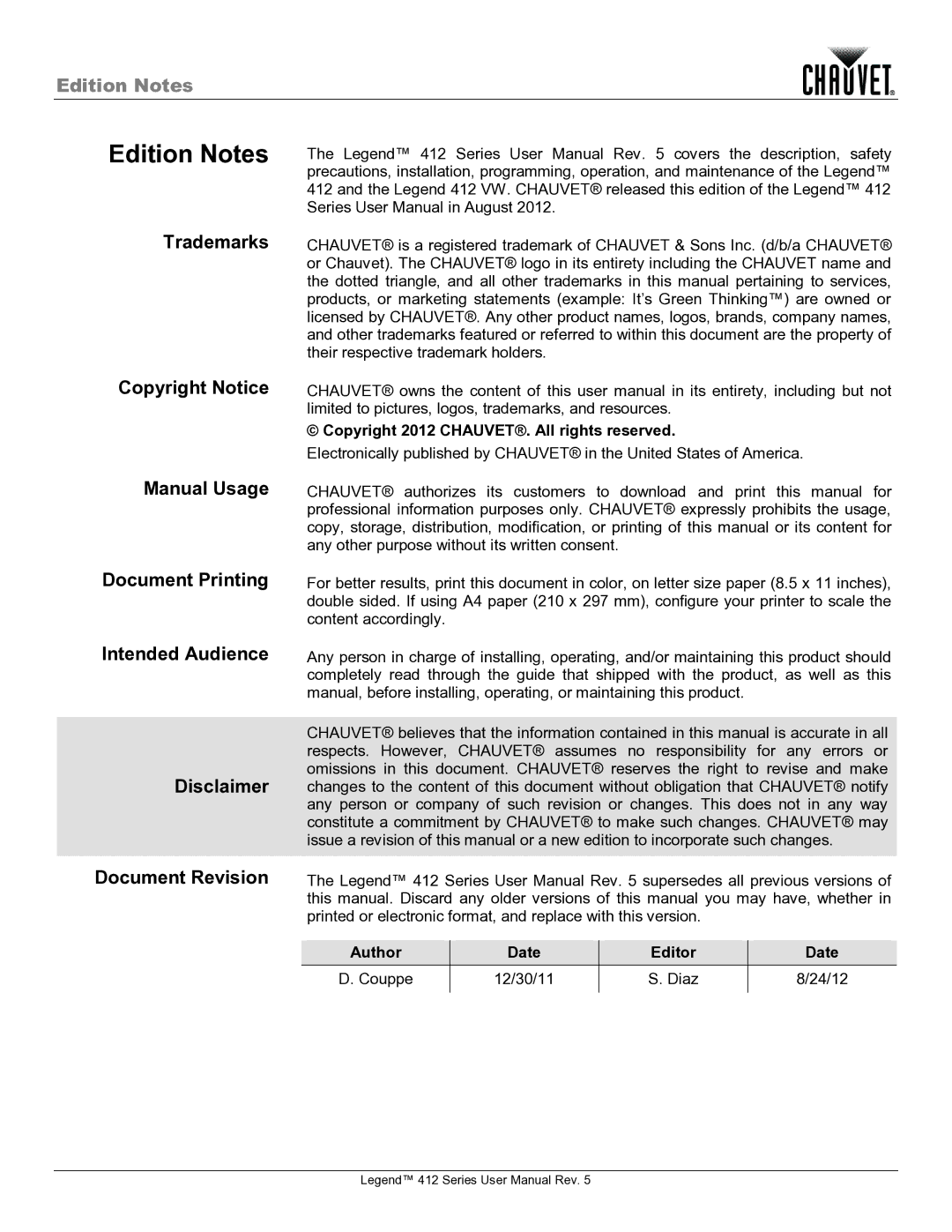 Chauvet 412VW user manual Copyright 2012 CHAUVET. All rights reserved, Author Date Editor Couppe 12/30/11 Diaz 24/12 