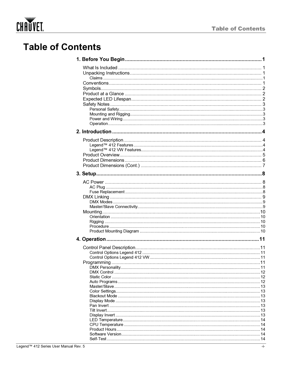 Chauvet 412VW user manual Table of Contents 