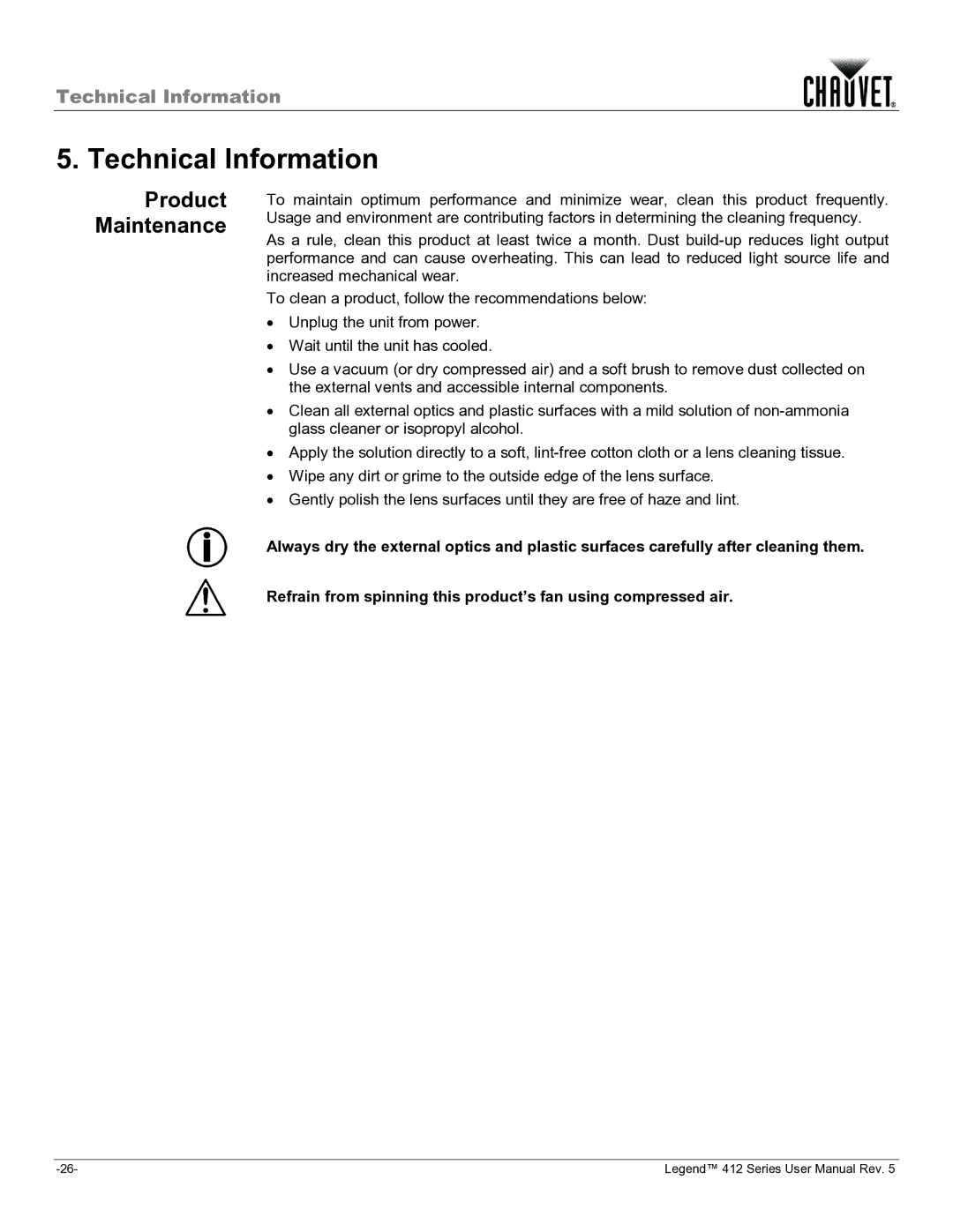 Chauvet 412VW user manual Technical Information, Product Maintenance 