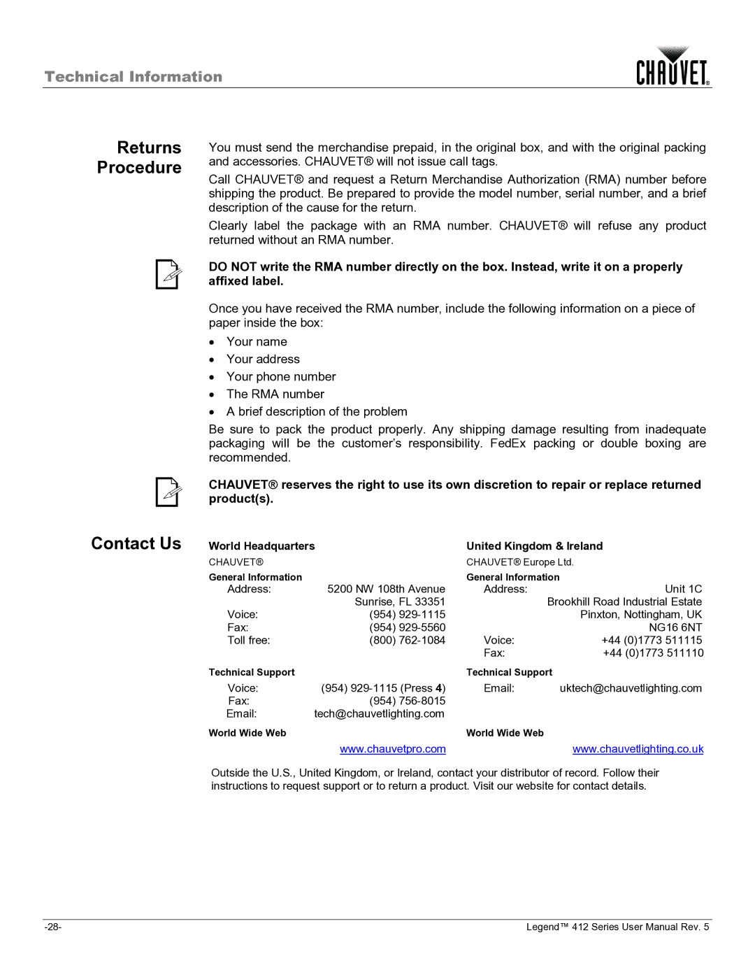 Chauvet 412VW user manual Returns Procedure, Contact Us 