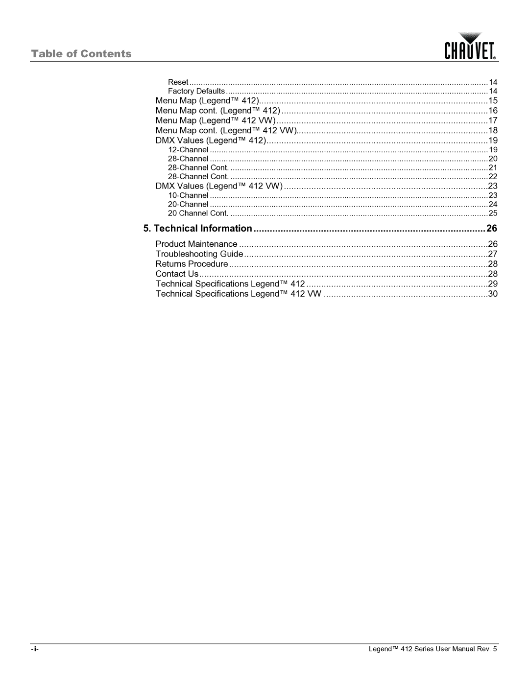 Chauvet 412VW user manual Table of Contents 