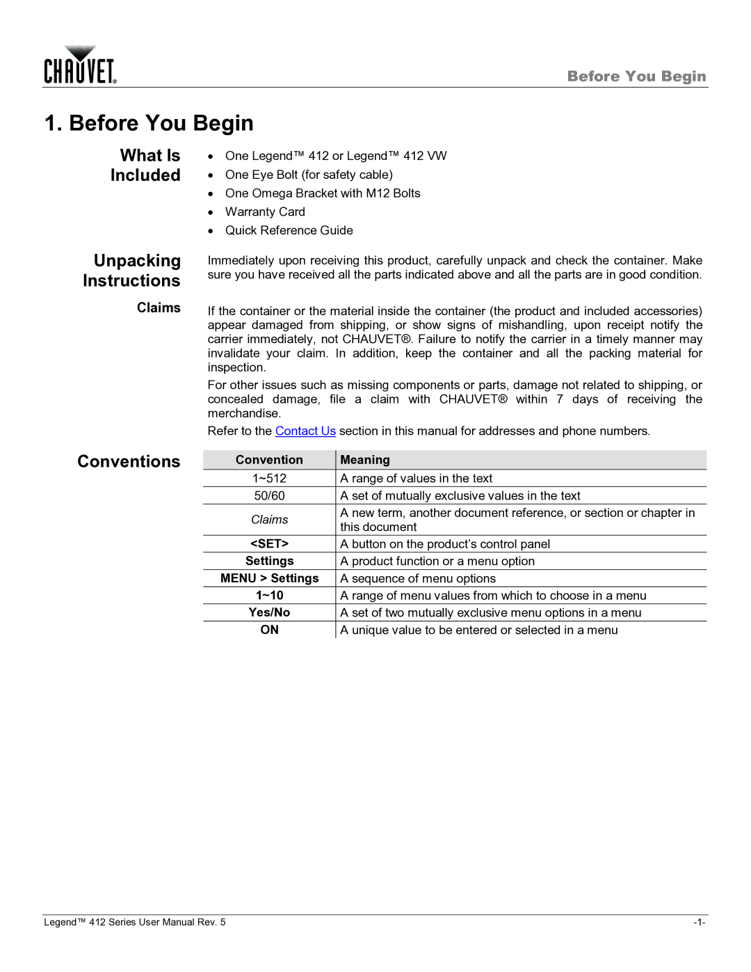 Chauvet 412VW user manual Before You Begin, What Is Included, Unpacking Instructions, Conventions, Claims 