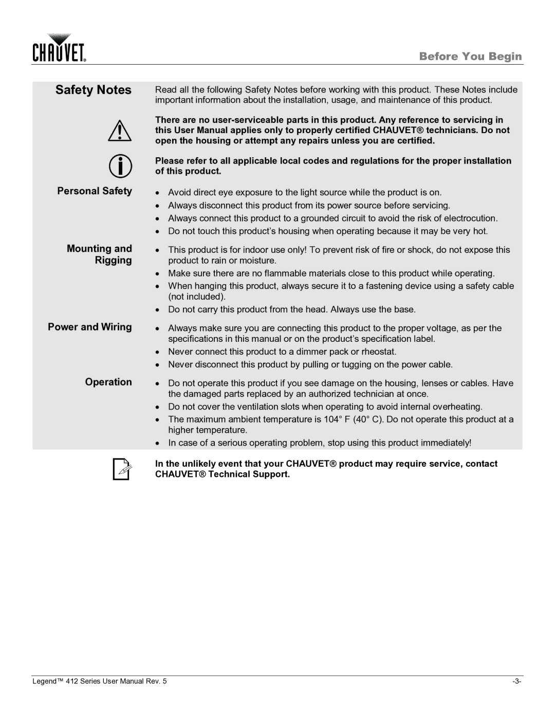 Chauvet 412VW user manual Safety Notes, Personal Safety Mounting Rigging Power and Wiring Operation 