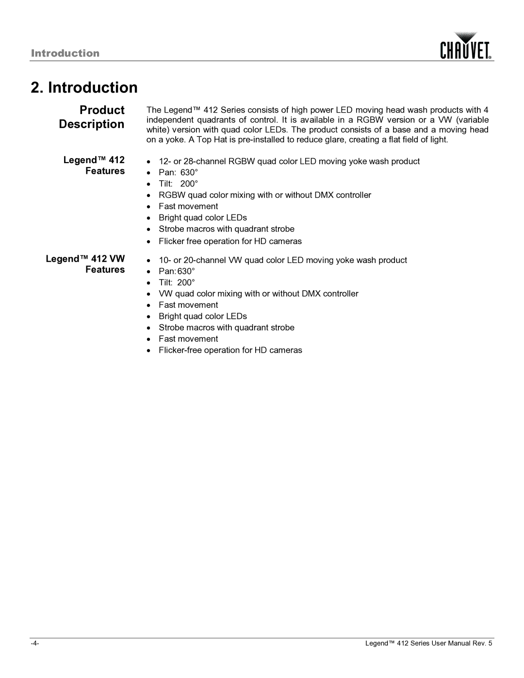 Chauvet 412VW user manual Introduction, Product Description, Features 