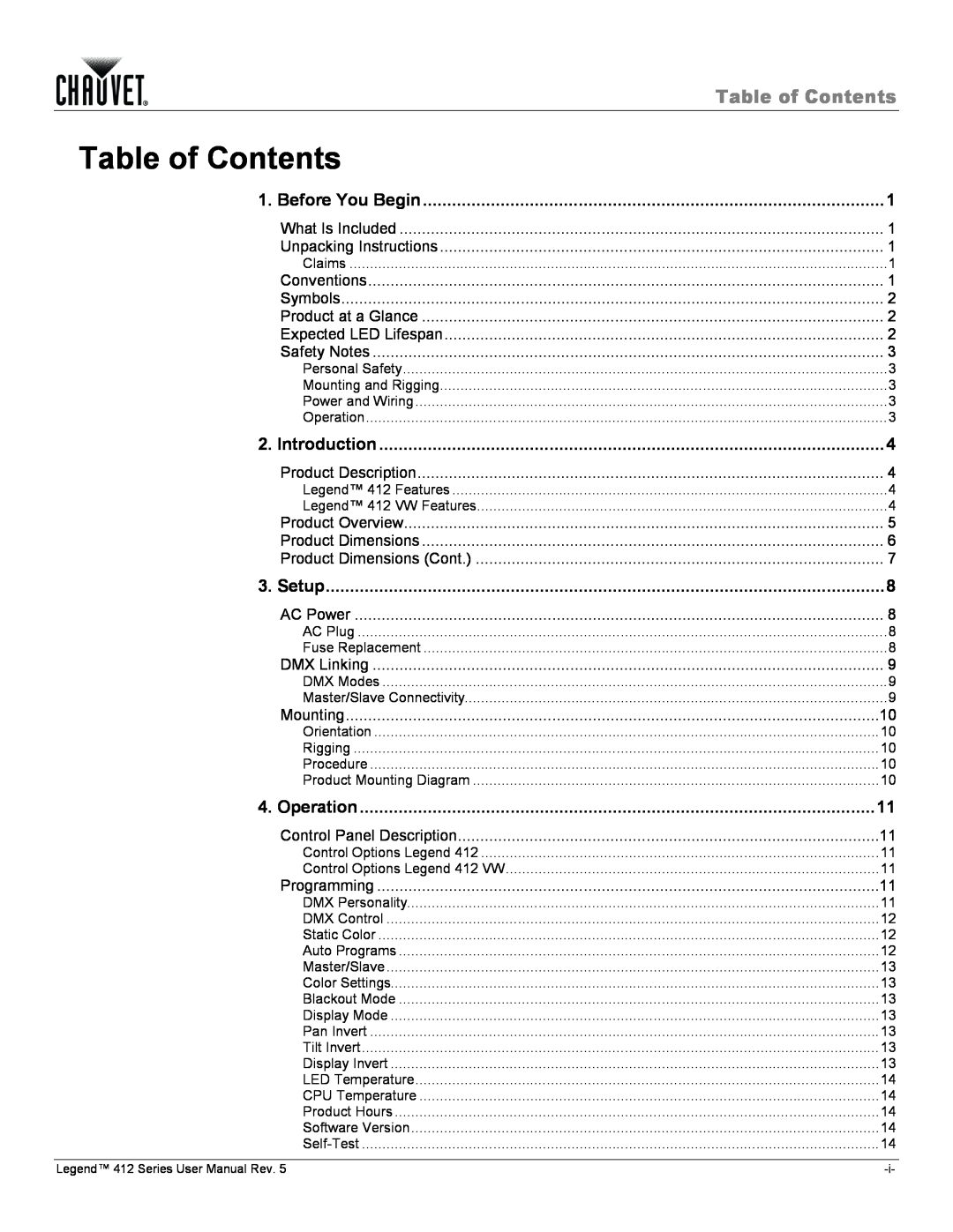 Chauvet 412VW user manual Table of Contents, Before You Begin, Introduction 