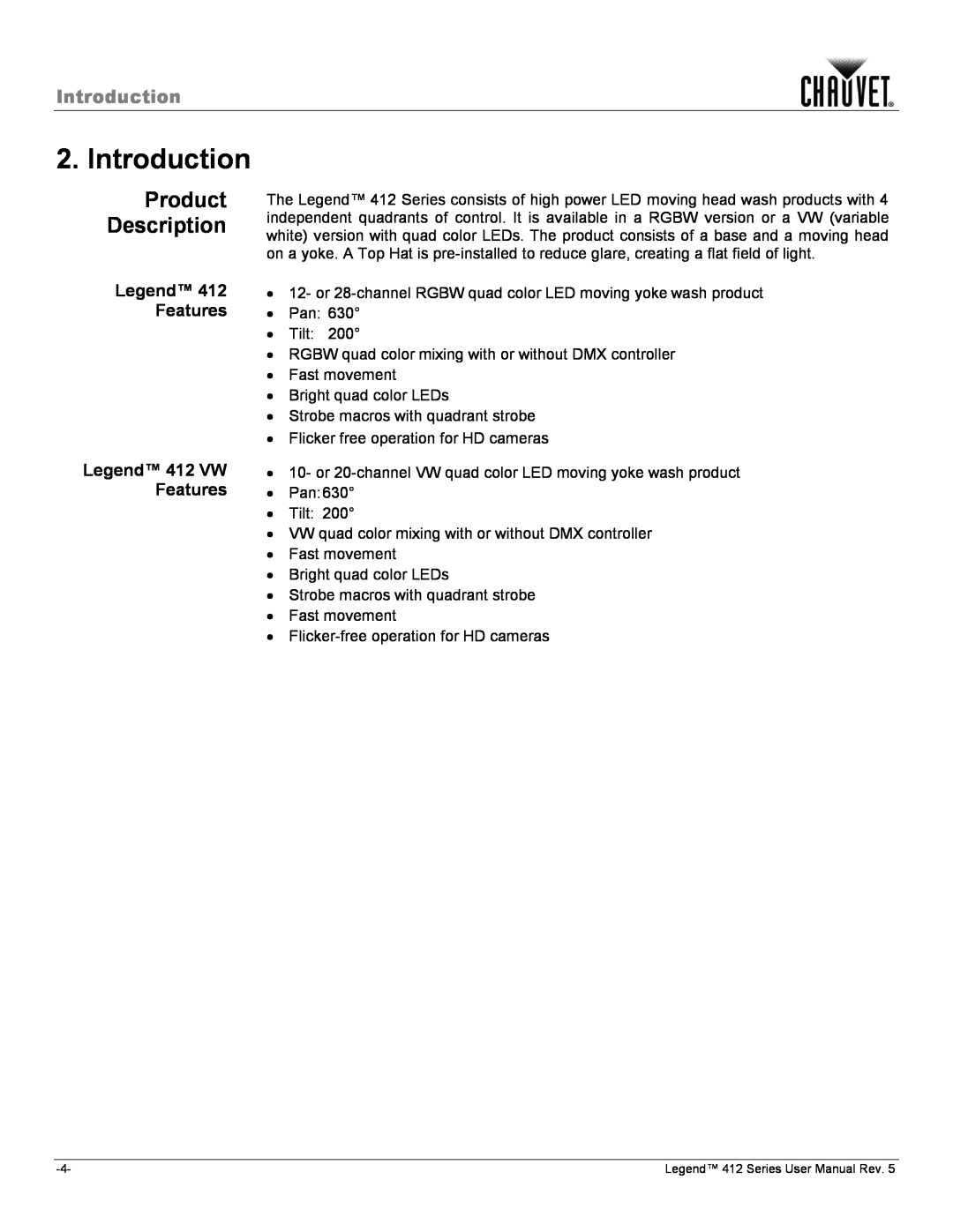 Chauvet 412VW user manual Introduction, Product Description, Features, Legend 412 VW 