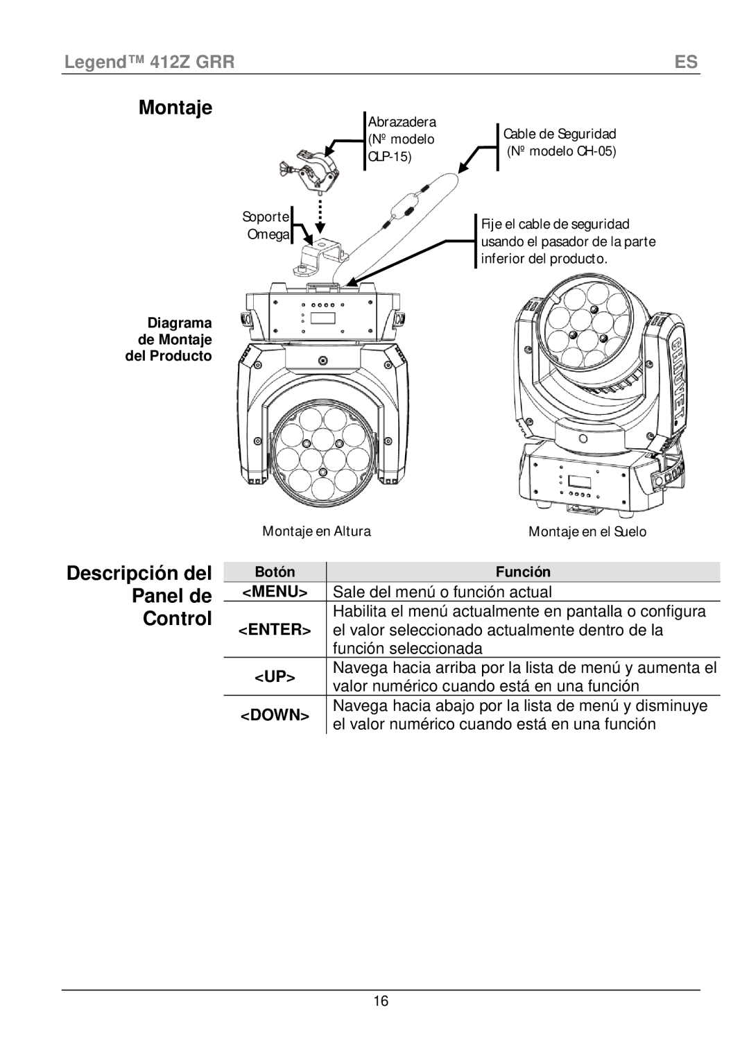 Chauvet 412Z manual Descripción del Panel de Control, Función, Diagrama de Montaje del Producto, Botón 