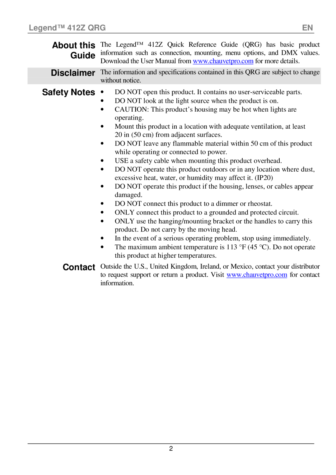 Chauvet 412Z manual Disclaimer Safety Notes Contact 