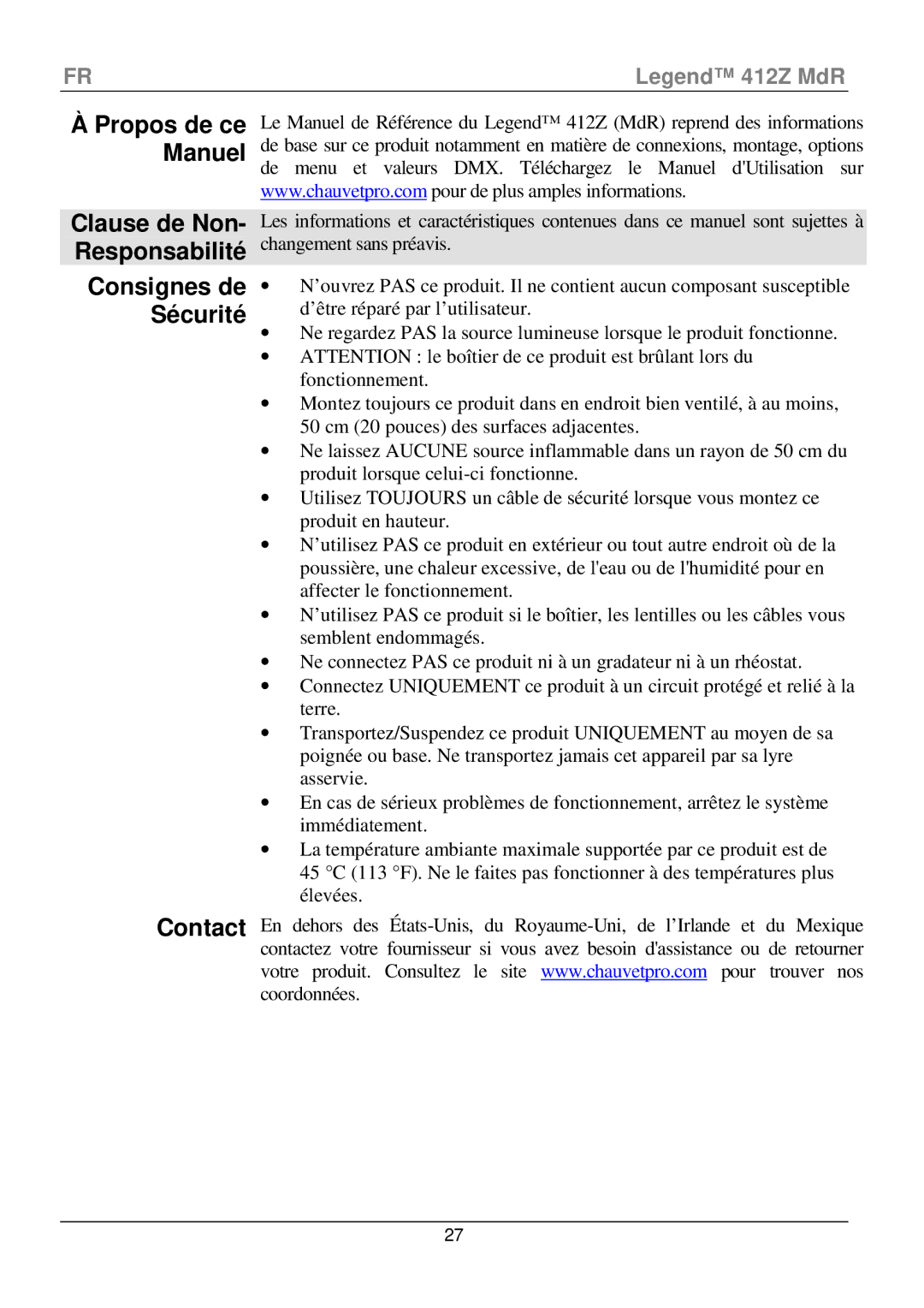 Chauvet 412Z manual ÀPropos de ce Manuel, Clause de Non- Responsabilité Consignes de Sécurité 