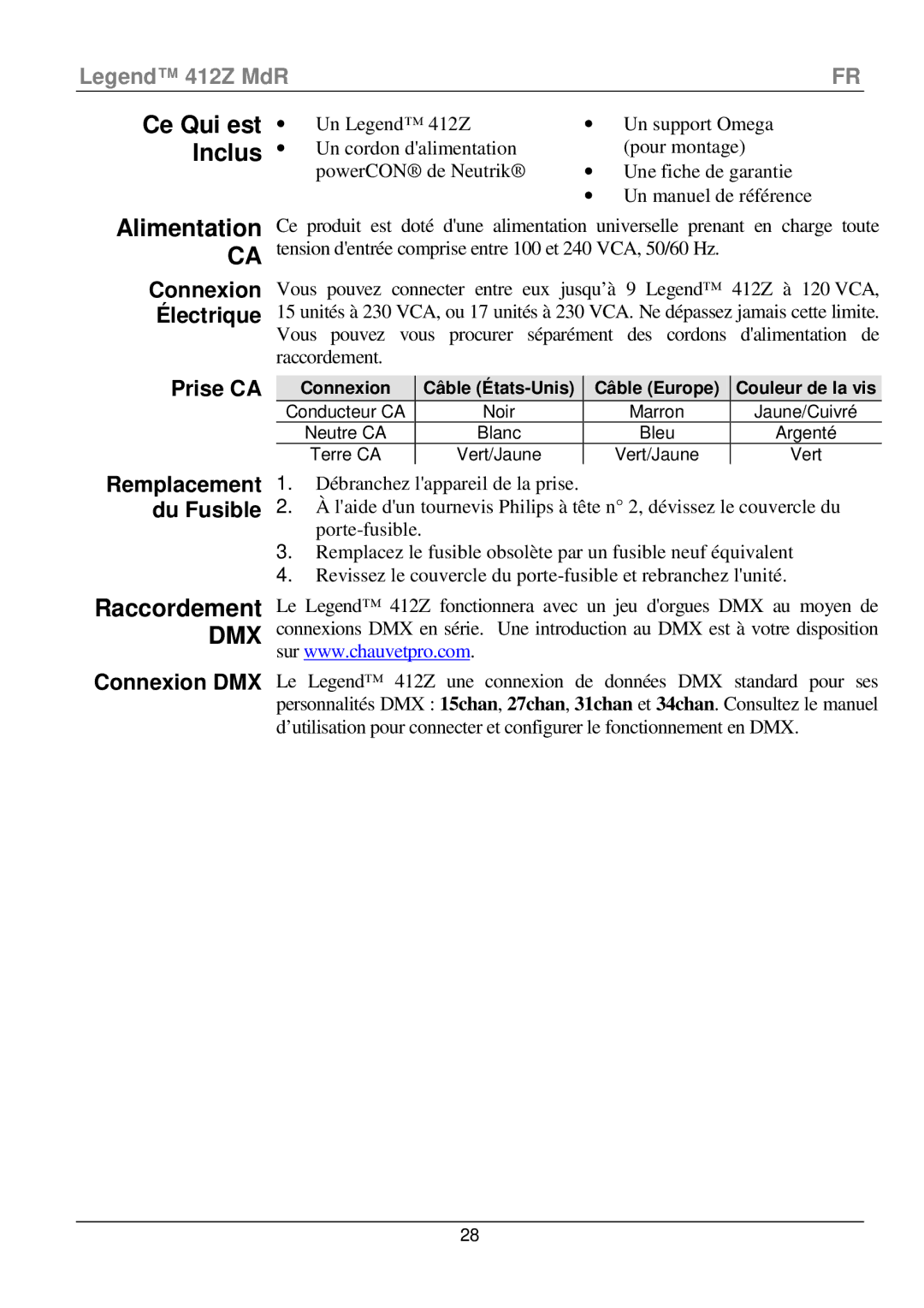 Chauvet 412Z manual Ce Qui est Inclus Alimentation, Raccordement, Connexion Électrique Prise CA Remplacement Du Fusible 