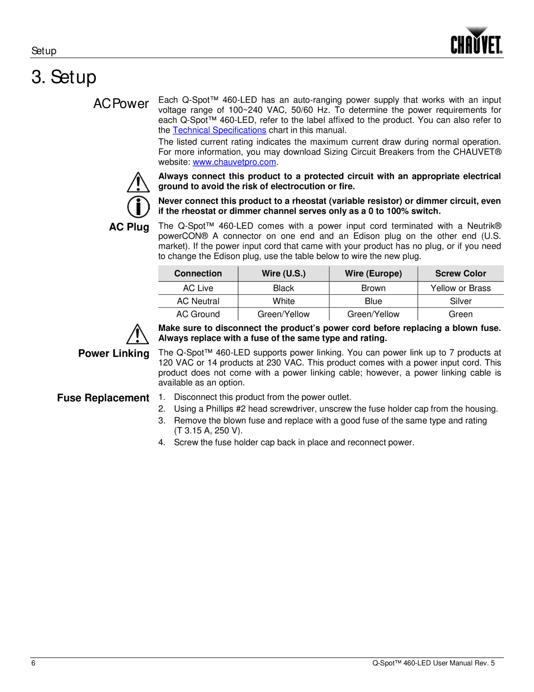 Chauvet 460-LED Setup, AC Power, AC Plug Power Linking Fuse Replacement, Connection Wire U.S Wire Europe Screw Color 