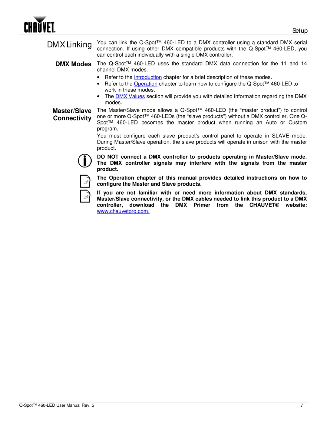 Chauvet 460-LED user manual DMX Linking, DMX Modes Master/Slave Connectivity 