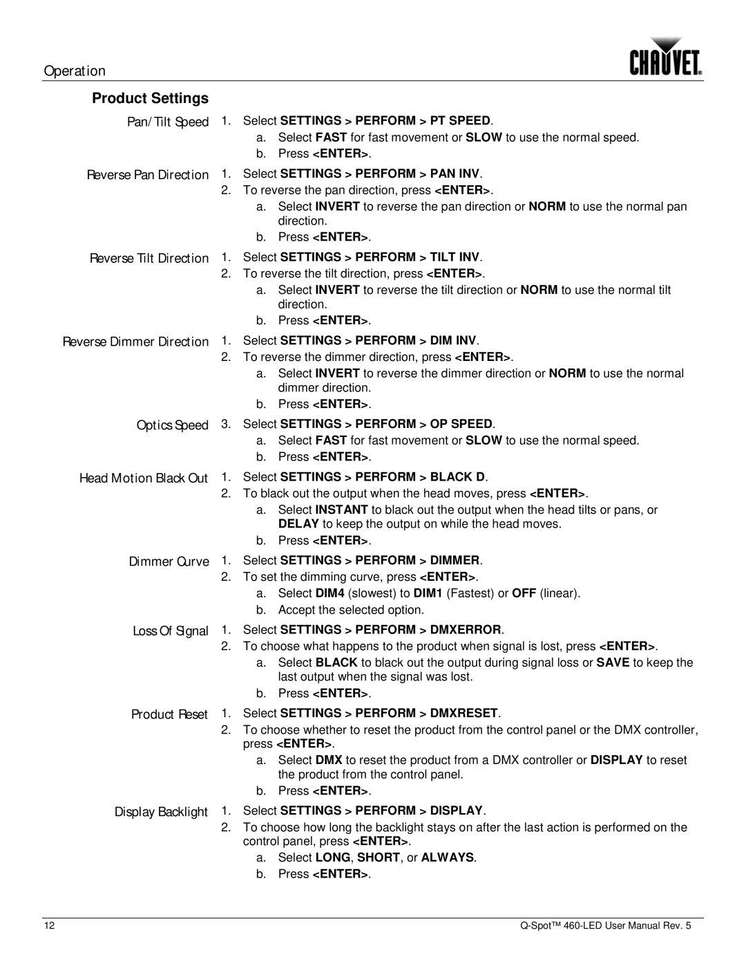 Chauvet 460-LED user manual Product Settings 