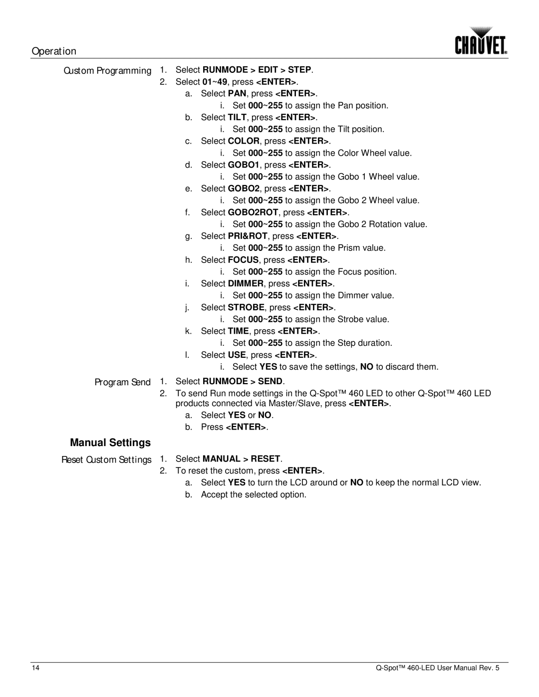 Chauvet 460-LED Manual Settings, Custom Programming 1. Select Runmode Edit Step, Program Send 1. Select Runmode Send 
