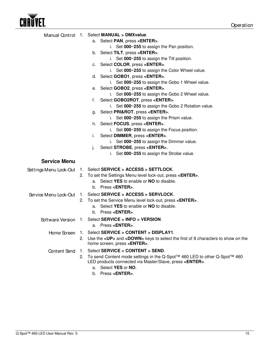 Chauvet 460-LED user manual Service Menu 