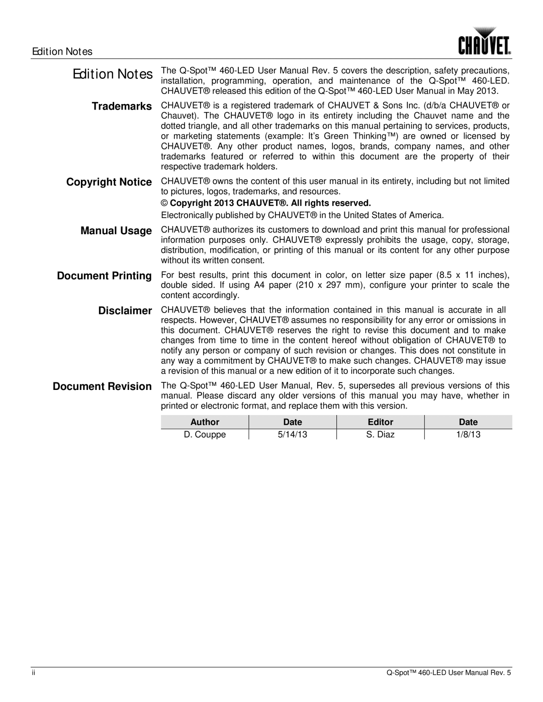 Chauvet 460-LED Edition Notes, Copyright 2013 CHAUVET. All rights reserved, Author Date Editor Couppe 14/13 Diaz 