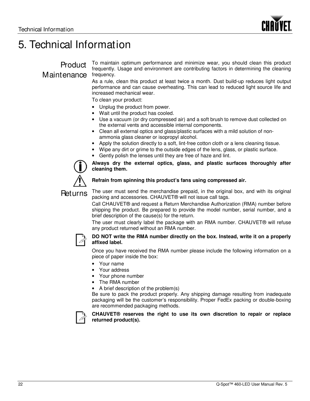 Chauvet 460-LED user manual Technical Information, Product Maintenance Returns 