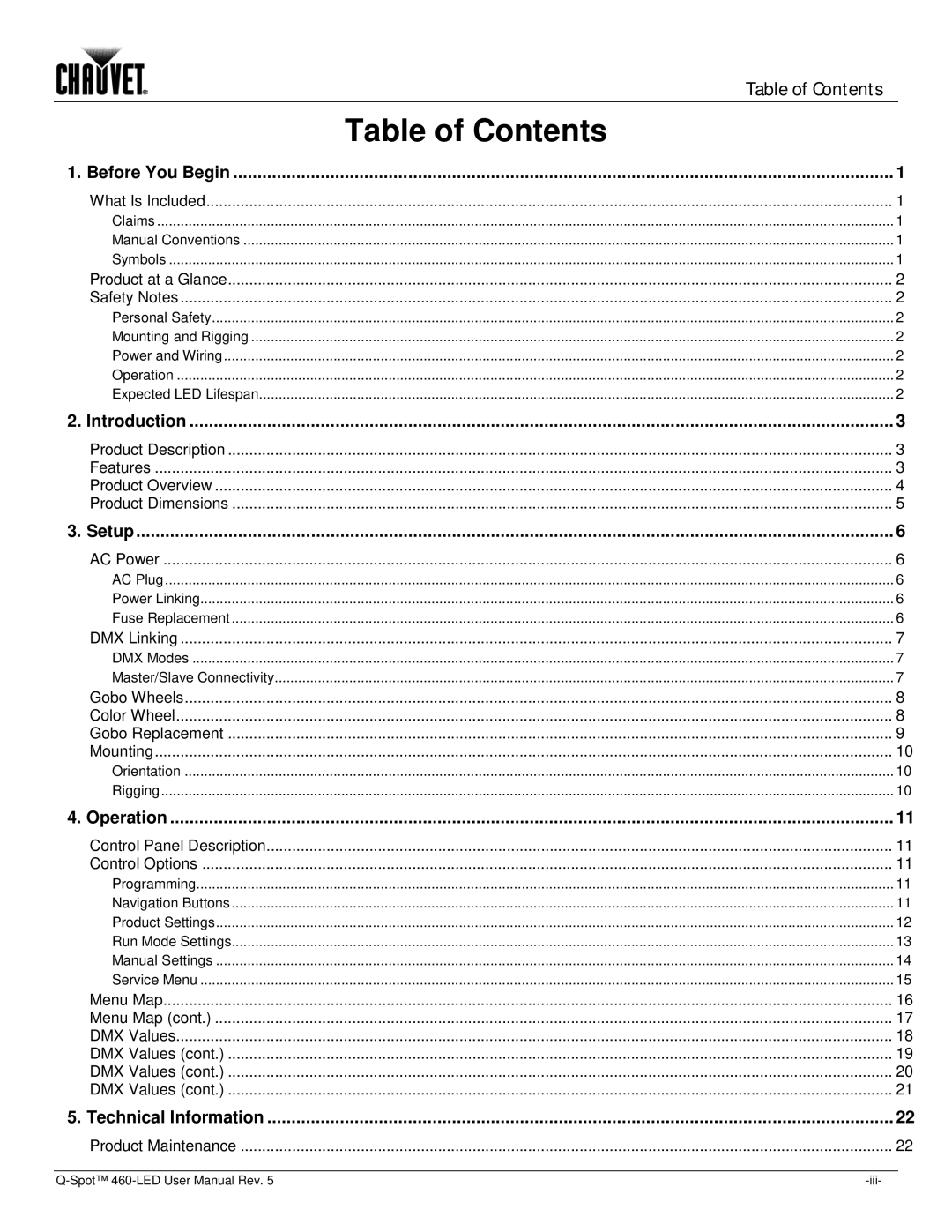 Chauvet 460-LED user manual Table of Contents 