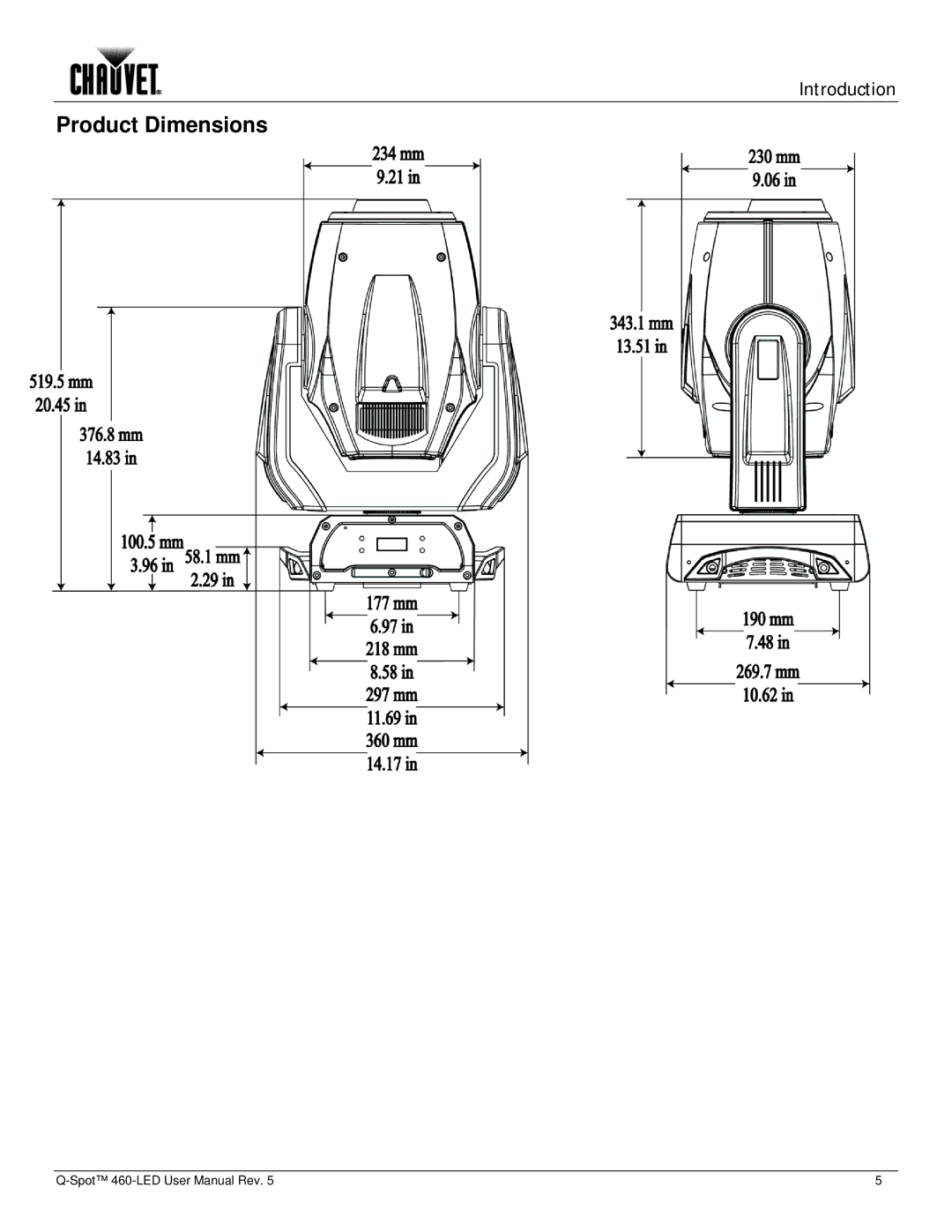 Chauvet 460-LED user manual Product Dimensions 