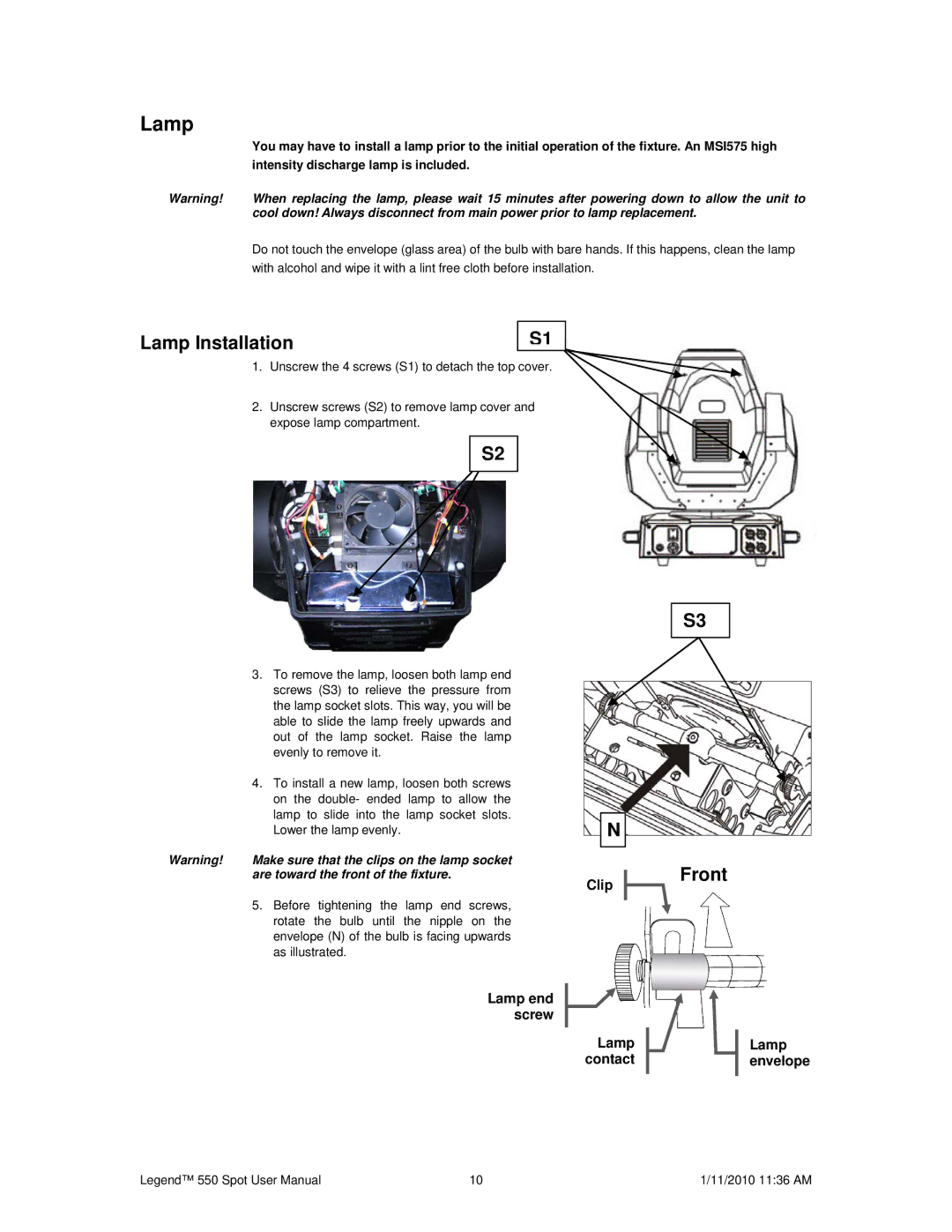 Chauvet 550 user manual Lamp Installation 