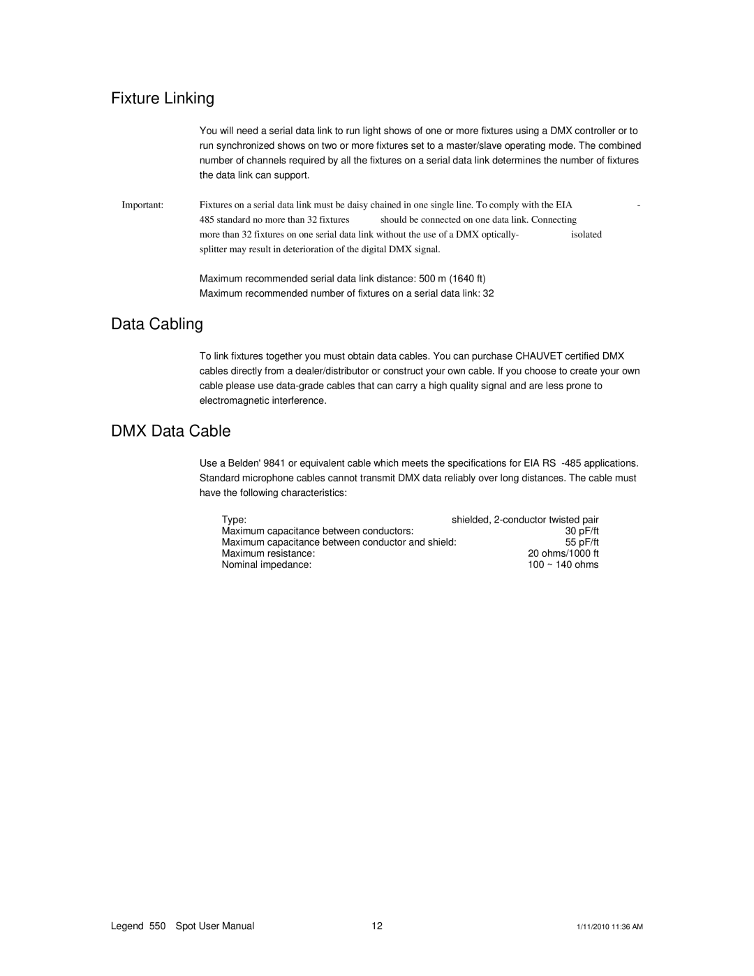 Chauvet 550 user manual Fixture Linking, Data Cabling, DMX Data Cable 