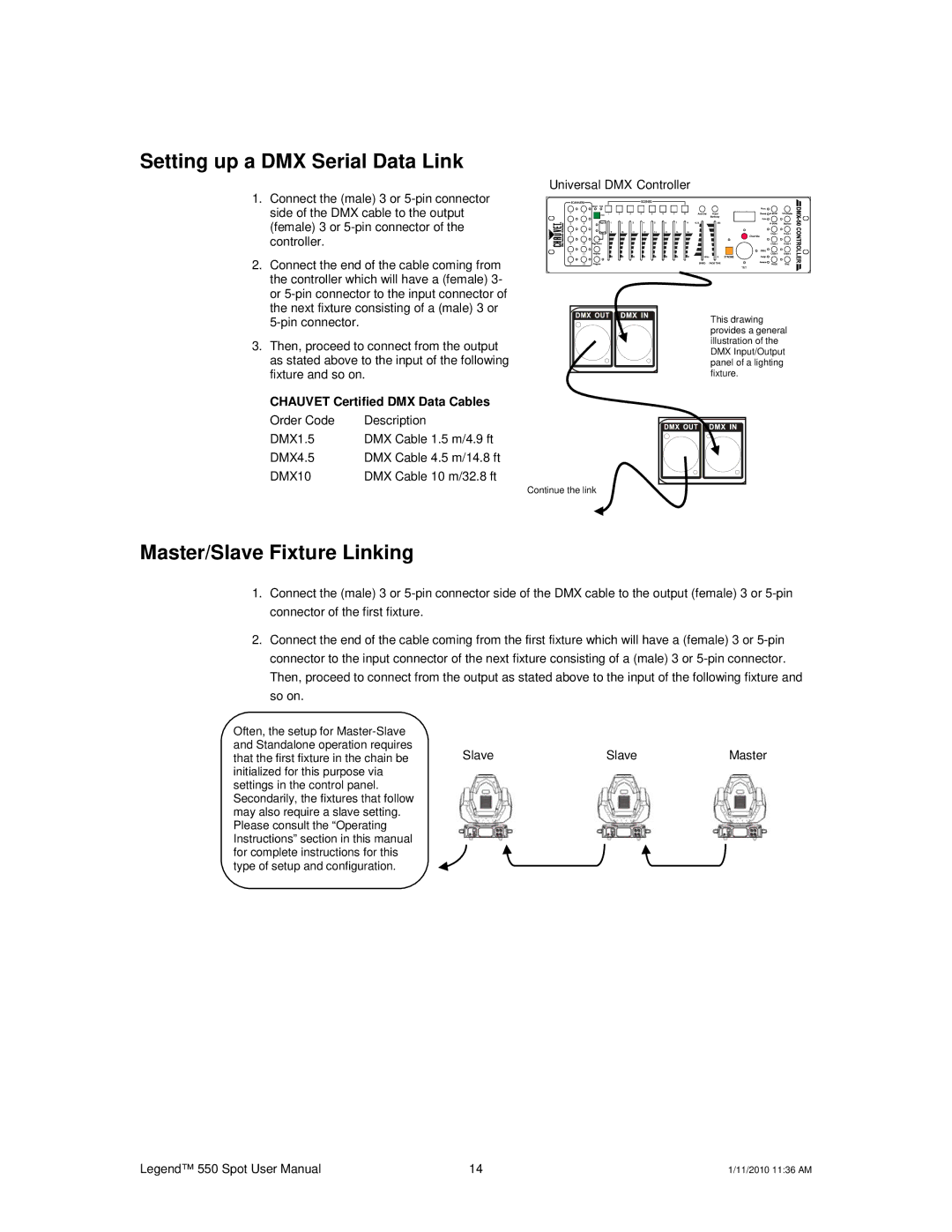 Chauvet 550 user manual Setting up a DMX Serial Data Link, Master/Slave Fixture Linking 