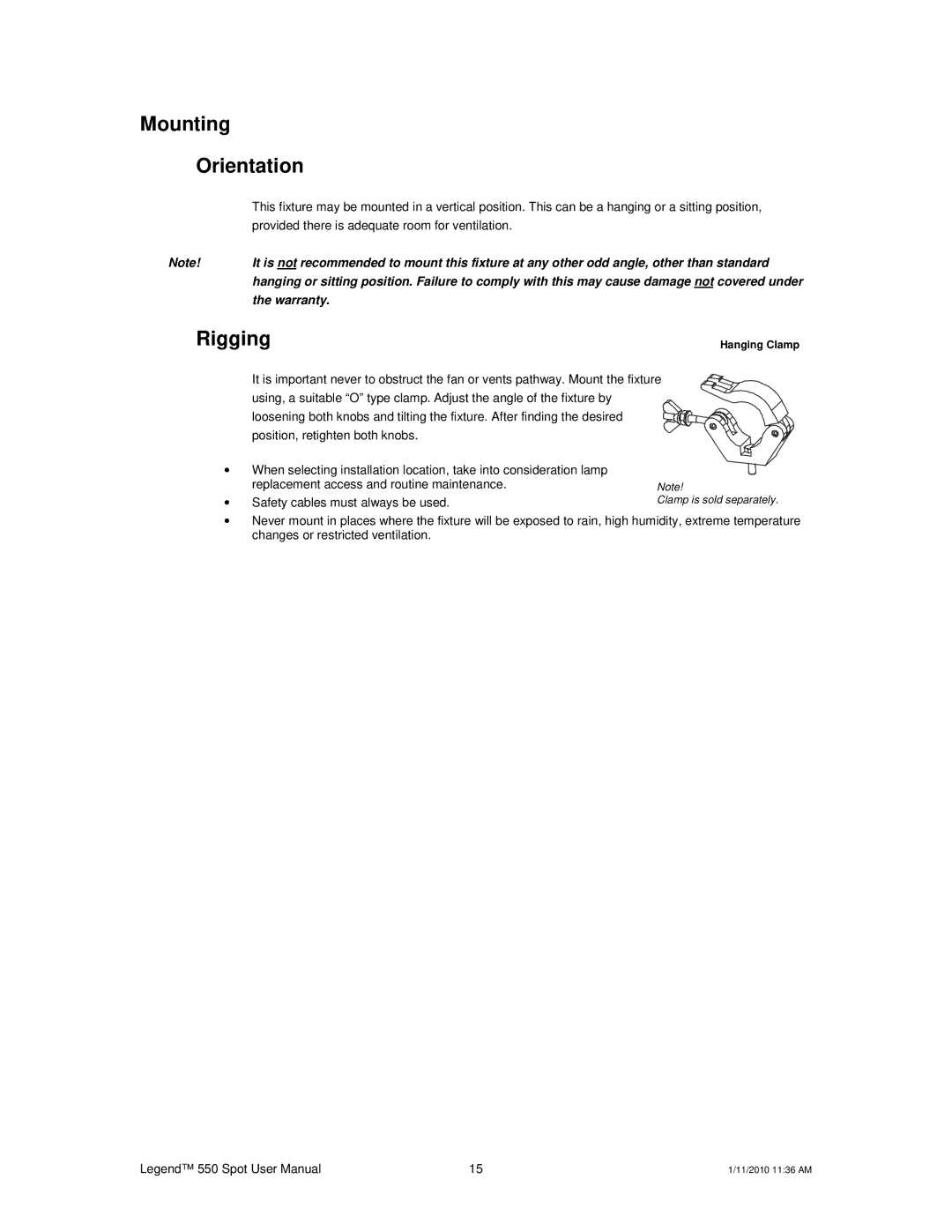 Chauvet 550 user manual Mounting Orientation, Rigging 