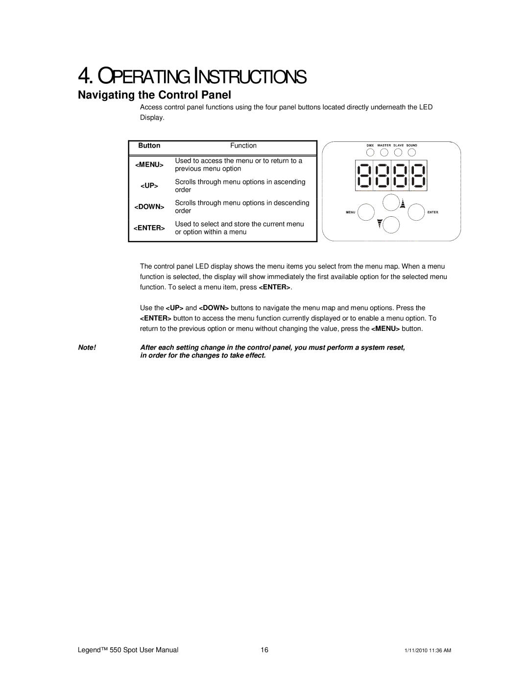 Chauvet 550 user manual Operating Instructions, Navigating the Control Panel 