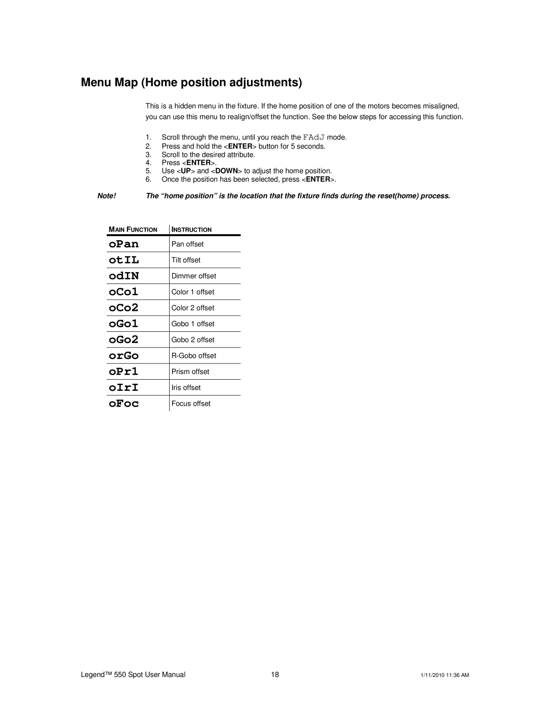 Chauvet 550 user manual Menu Map Home position adjustments, Once the position has been selected, press Enter 