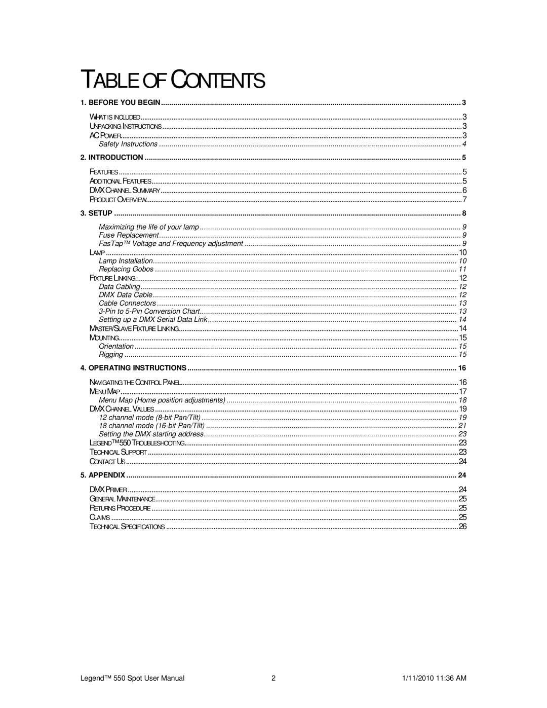 Chauvet 550 user manual Table of Contents 