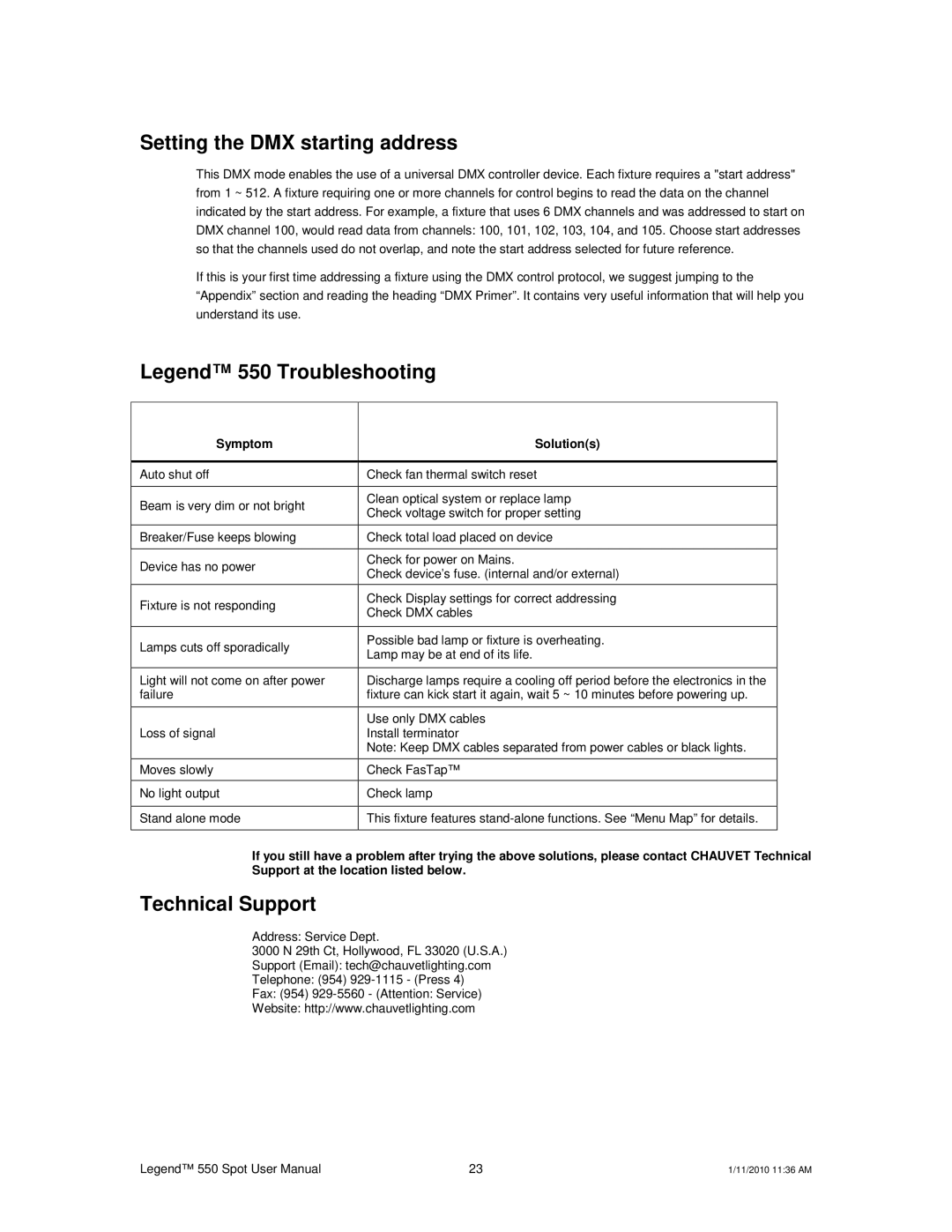 Chauvet 550 user manual Setting the DMX starting address, Technical Support 