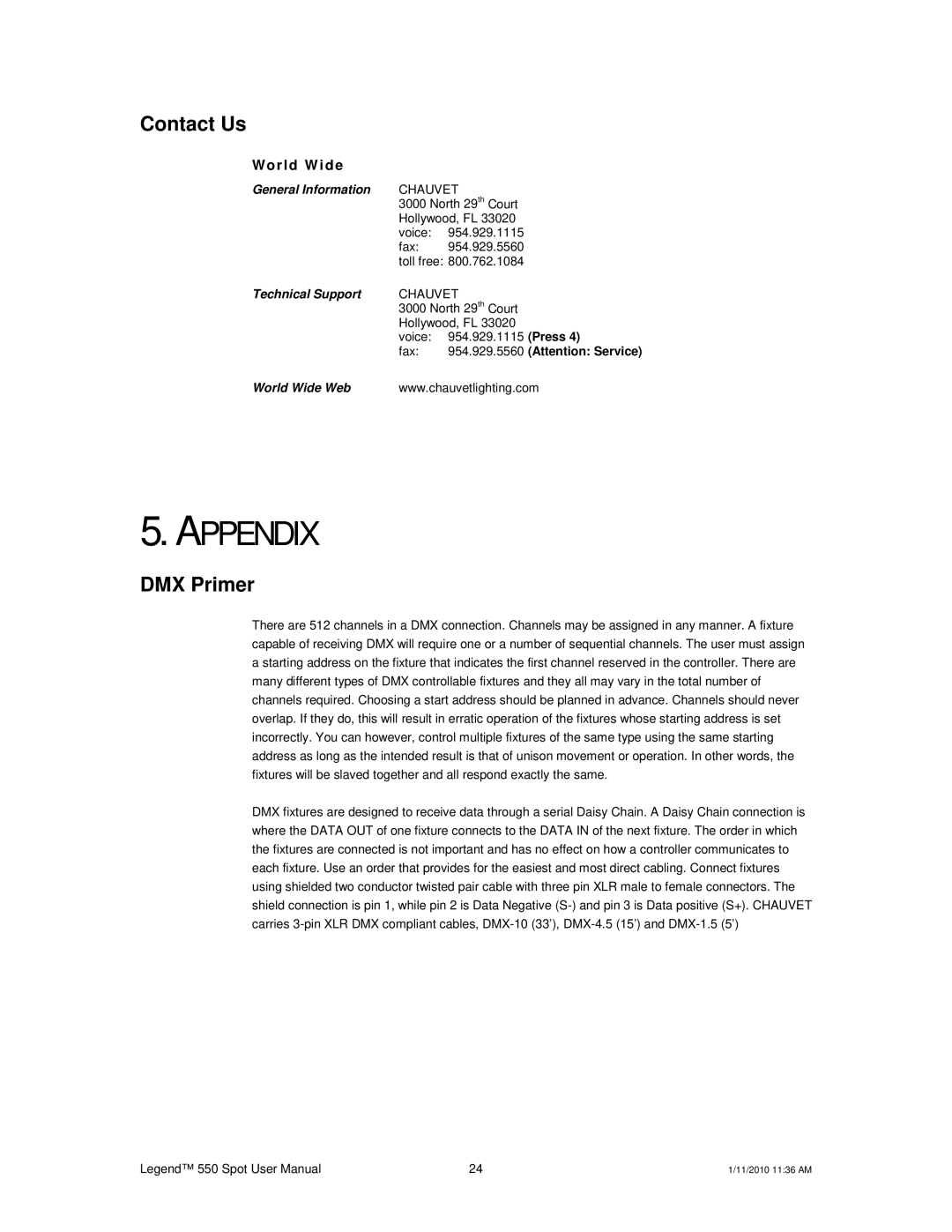 Chauvet 550 user manual Appendix, Contact Us, DMX Primer 