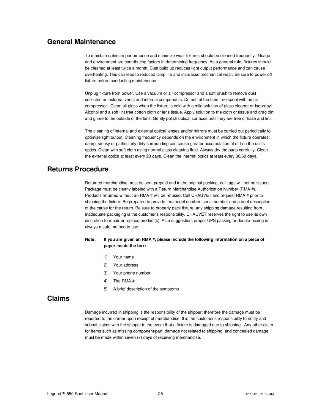 Chauvet 550 user manual General Maintenance, Returns Procedure, Claims 