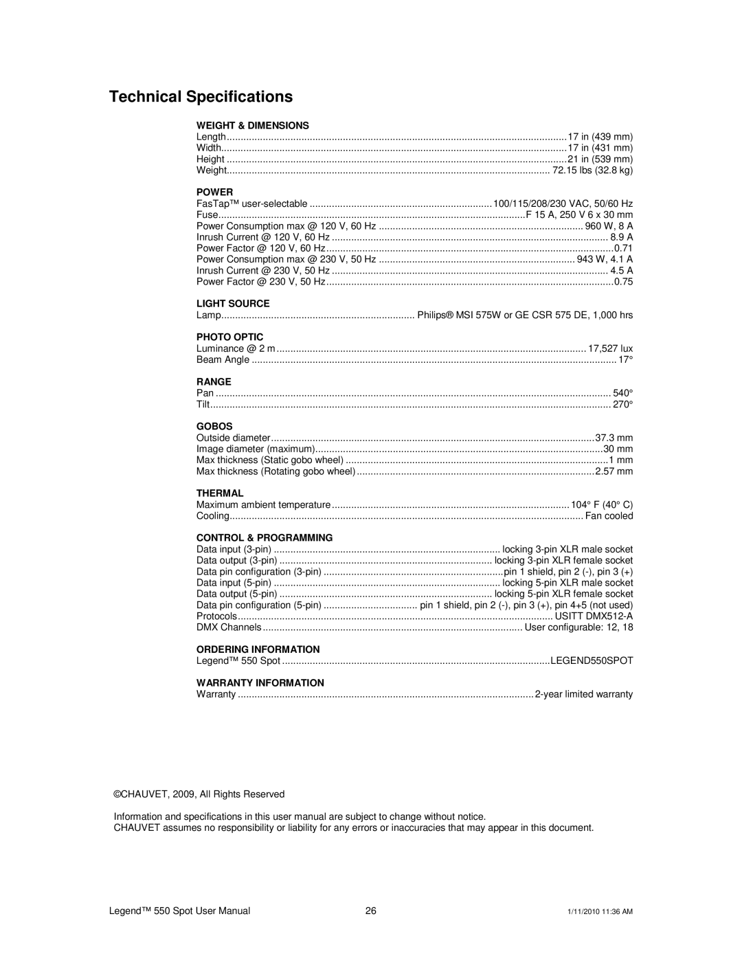 Chauvet 550 user manual Technical Specifications, Power 