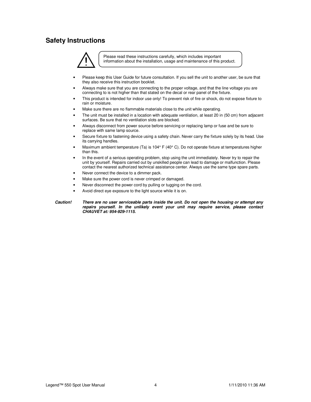 Chauvet 550 user manual Safety Instructions 