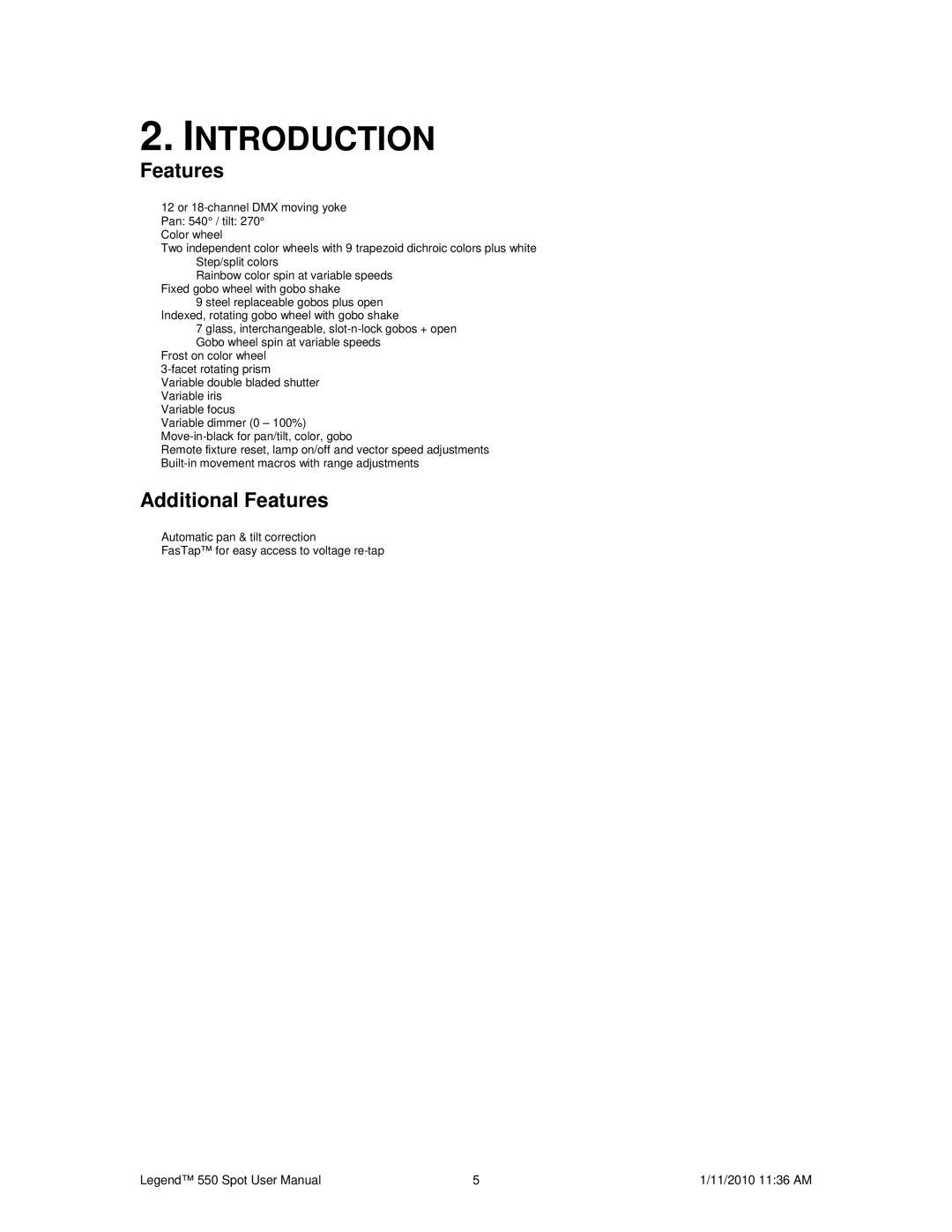 Chauvet 550 user manual Introduction, Additional Features 