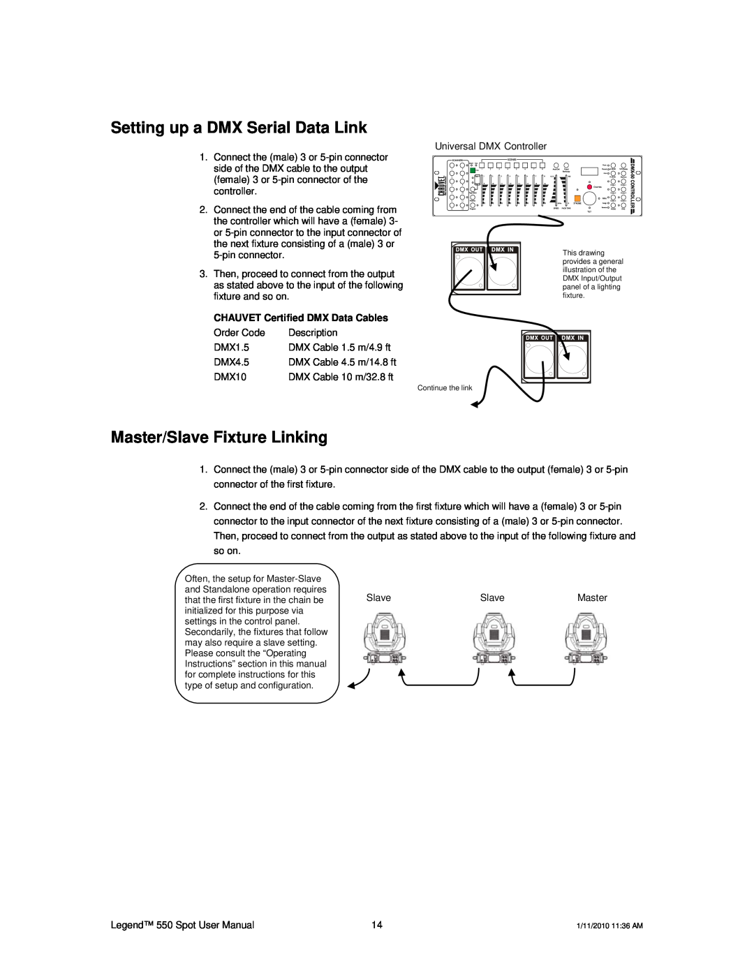 Chauvet 550 user manual Setting up a DMX Serial Data Link, Master/Slave Fixture Linking, CHAUVET Certified DMX Data Cables 