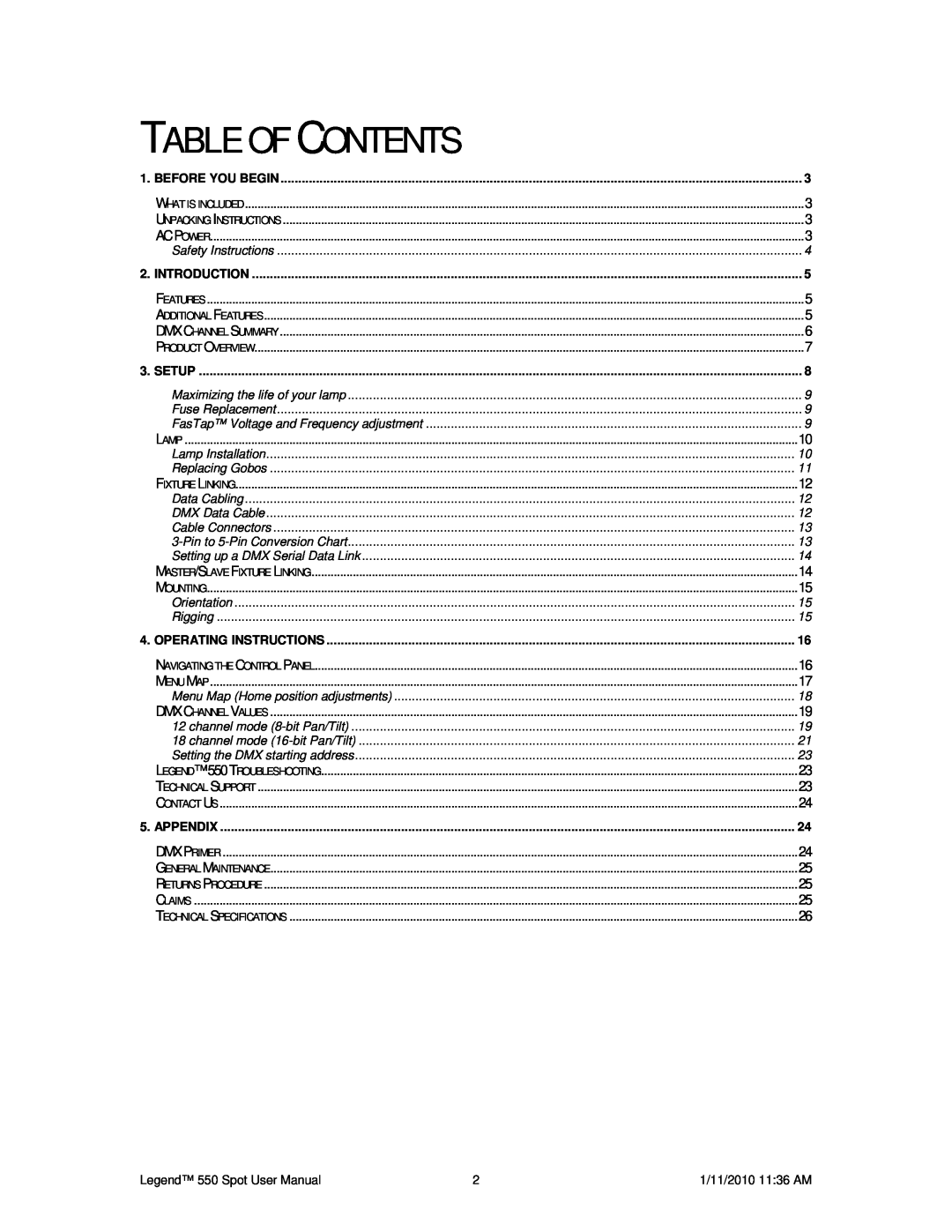 Chauvet 550 user manual Table Of Contents, Before You Begin, Introduction, Setup, Operating Instructions, Appendix 