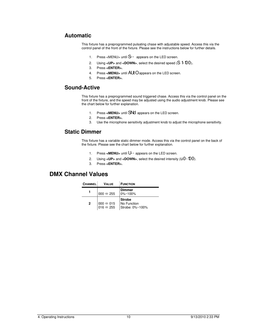 Chauvet 56-24UVB user manual DMX Channel Values, Automatic, Sound-Active, Static Dimmer 