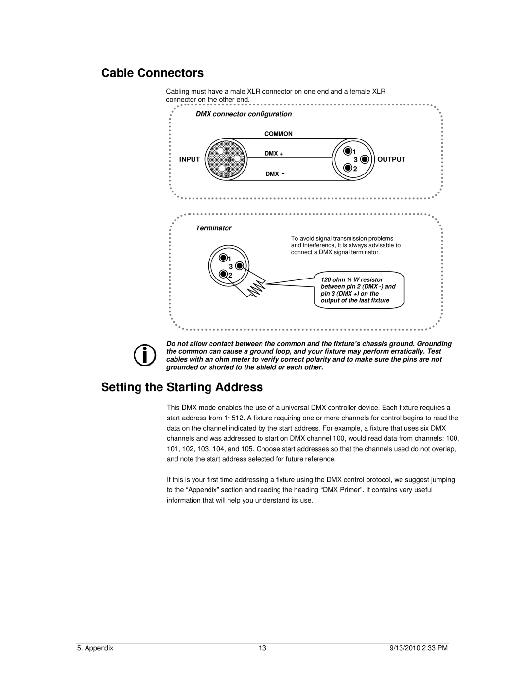 Chauvet 56-24UVB user manual Cable Connectors, Setting the Starting Address 