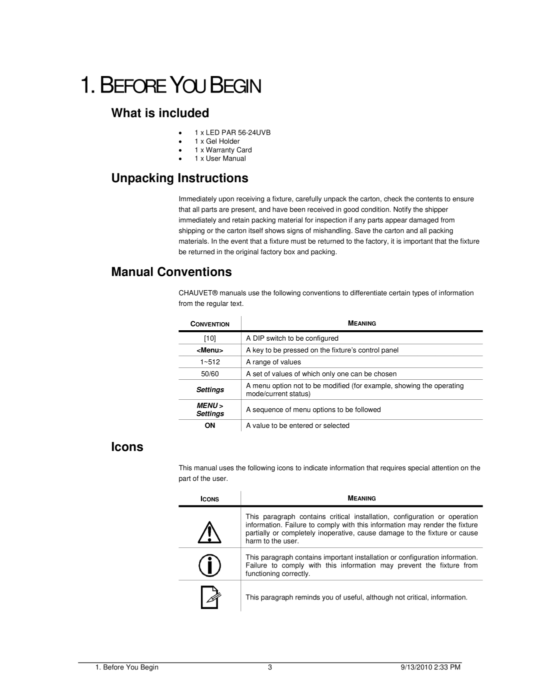 Chauvet 56-24UVB user manual Before YOU Begin, What is included, Unpacking Instructions, Manual Conventions, Icons 