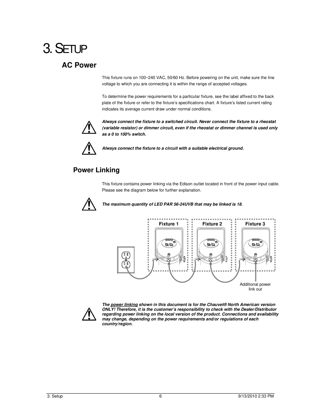 Chauvet 56-24UVB user manual Setup, AC Power, Power Linking 